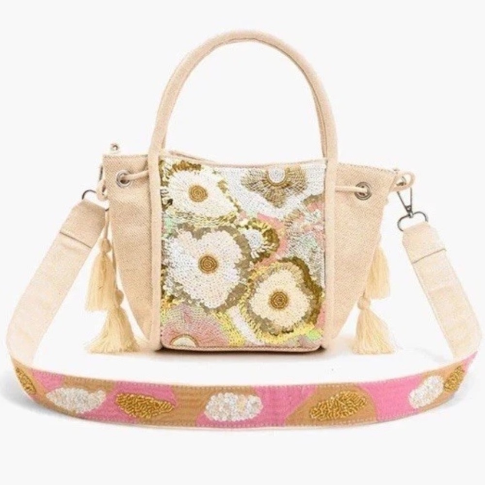 America & Beyond Crossbody Bag Tan Gold Flowers Sequins